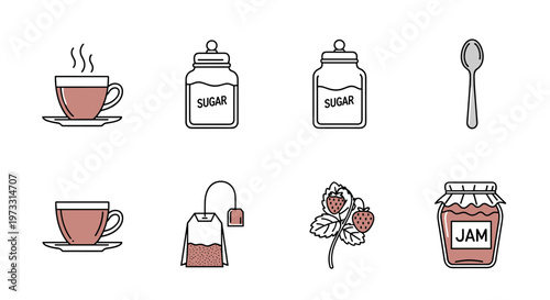 Collection of icons representing tea, sugar, jam, and a spoon for breakfast or tea time