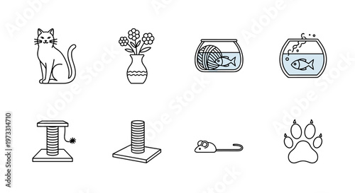 Collection of cute line art icons representing pets and their accessories