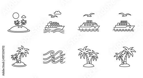 Collection of simple line art icons representing tropical island and sea travel themes