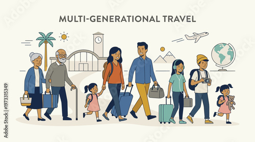 Multi-Generational Family Travel Concept Illustration with Grandparents, Parents, and Children Carrying Luggage for a Global Vacation