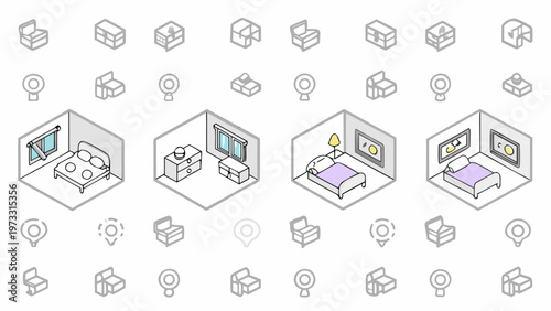 Cozy isometric bedroom interiors featuring minimalist design elements bed dresser and window views presented in a clean line art style for interior design concepts