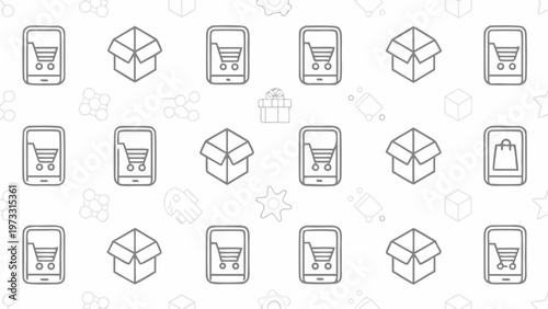 Seamless pattern of isometric line icons representing online shopping and e commerce featuring smartphones with shopping carts and open cardboard boxes set against a light grey