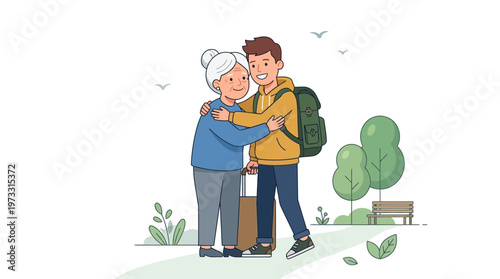 Heartwarming Illustration of a Grandson Hugging His Grandmother with Luggage in a Park