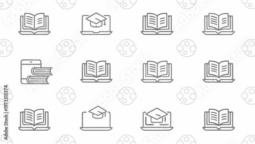 Digital learning concept with laptop displaying graduation cap icon beside stacked books symbolizing online education knowledge acquisition and academic achievement in a modern