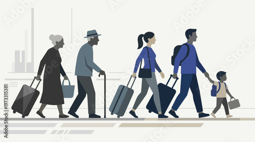Multi-Generational Diverse People Walking with Luggage Vector for Travel and Migration Concept