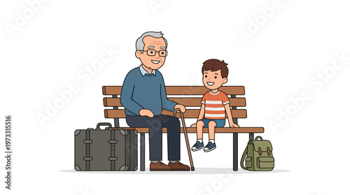 Grandfather and Grandson Sitting on Park Bench with Luggage and Backpack Vector Illustration