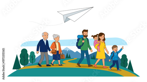 Multi-generational Family Hiking and Traveling Together in Nature. Grandparents, Parents, and Children on a Mountain Trail Adventure. Vector Illustration.