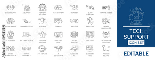 Tech support solid icon set. Featuring help desk, IT support, troubleshooting, customer service, AI assistance, and cloud computing.  Perfect for software, IT, web, apps and more.
