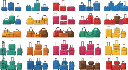 Luggage and Travel Bags Icon Set Featuring Suitcases, Trolleys, and Handbags in Various Colors for Travel and Tourism Designs