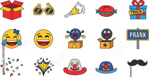 April Fools Day Vector Set with Prank Icons Emoji Gift Box Surprise Isolated on White Background