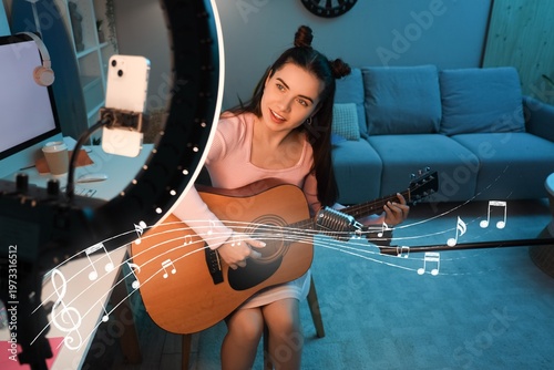 Female blogger with guitar ...