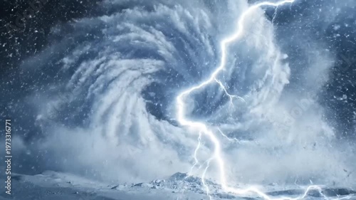 Powerful lightning strike illuminates icy landscape during a winter storm