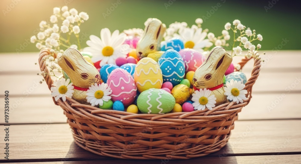Fototapeta premium Easter basket brimming with colorful eggs bunnies and daisies on a wooden table.