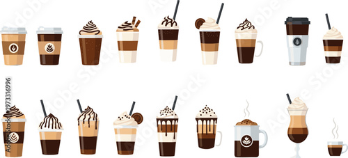 Coffee Drink Icon Set Featuring Lattes, Cappuccinos, Mochas, and Frappes for Beverage, Café, and Dessert Designs