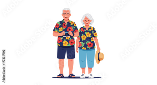 A vibrant senior couple dressed in matching tropical Hawaiian shirts smiles warmly while holding a vintage camera and a straw sun hat for their vacation.