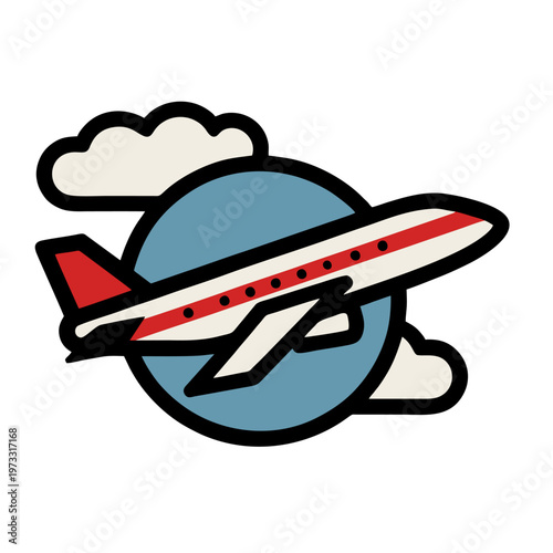 Flat Design Icon of Airplane Flying Over Globe Minimal Vector Illustration