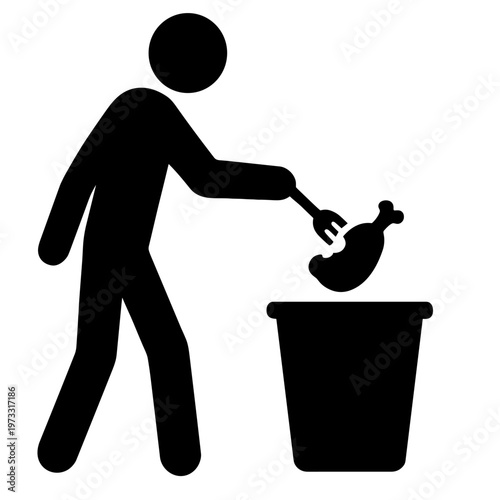 Silhouette of Person Throwing Chicken Piece into Trash Bin Don't Waste Food Concept Flat Black Icon