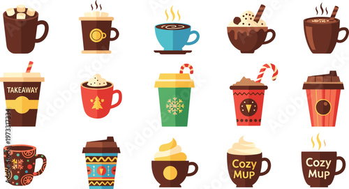 Hot Coffee Drinks Vector Set with Mug Takeaway Cup Latte Cocoa Winter Beverage Isolated on White Background