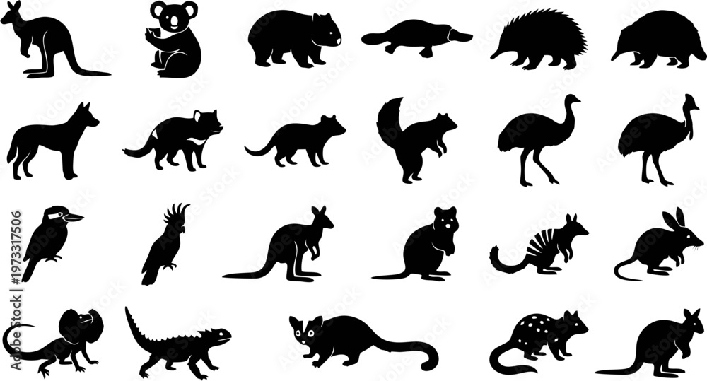 Obraz premium Mega collection of 20 unique Australian wildlife silhouettes solid black shapes vector