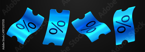 Floating blue discount tickets with percentage signs on a dark background. Perfect for sale promotions or special offers.