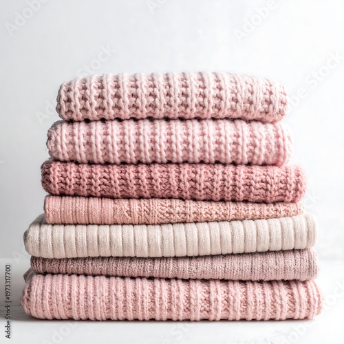 A stack of softly colored, folded knitwear in various shades of pink and cream, neatly arranged against a plain backdrop