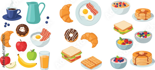 Breakfast Food Icon Set with Coffee, Pancakes, Fruits, Sandwiches, Eggs, and More for Healthy and Delicious Morning Meals