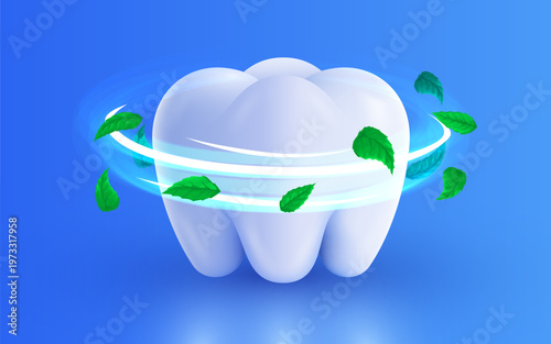 A bright white tooth surrounded by refreshing mint leaves, symbolizing fresh breath and excellent oral hygiene. Vector illustration