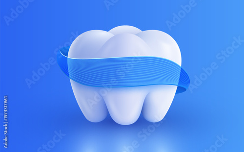 Healthy white tooth with blue ribbon on a blue background, symbolizing dental protection and oral care. Vector illustration.