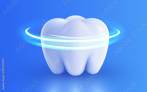 Healthy white tooth with a glowing blue aura. A symbol of dental care and oral hygiene. Vector illustration