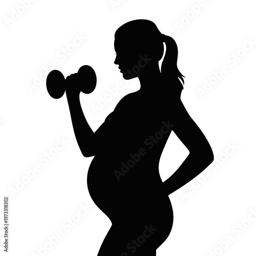 Pregnant woman lifting dumbbell silhouette in side view, prenatal fitness and healthy maternity lifestyle concept, isolated black figure for wellness poster or motherhood design