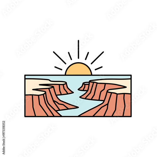 Serene Canyon Sunrise: A stylized illustration presents a breathtaking canyon scene bathed in the warm glow of sunrise, evoking a sense of tranquility and awe.