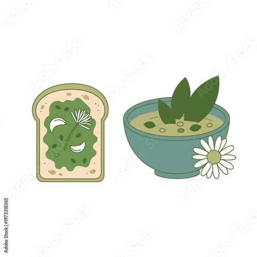 Green Delight: Delightful illustration of a vibrant green toast and a bowl of soup, presented in a minimalist, fresh, and appetizing style.