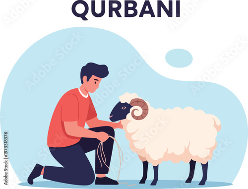 Man Kneeling with Ram Qurbani Vector Illustration - Eid Al-Adha Islamic Sacrifice Festival Shepherd with Sheep Flat Design