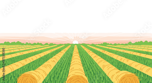 A vast agricultural field displays perfectly aligned rows of golden hay bales stretching toward a radiant sunrise on the distant green horizon line.