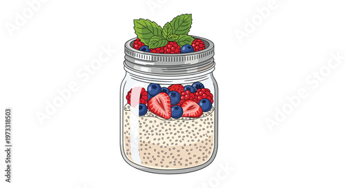 A healthy chia seed pudding breakfast is served in a glass mason jar topped with fresh strawberries and vibrant raspberries under green mint leaves.