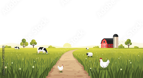A picturesque rural landscape showcases a classic red barn and silo surrounded by green pastures where cows and sheep graze under a soft morning sun.
