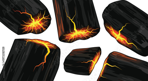 Several pieces of charred black wood display luminous golden cracks and glowing internal heat while floating across a stark and pristine white backdrop.