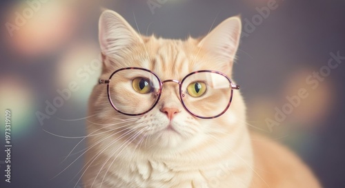 Portrait of a Ginger Cat Wearing Glasses with Bokeh Background.