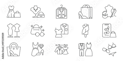 Stylish Fashion and Clothing Outline Icons Collection for Apparel Retail and E-commerce, Featuring Garments, Accessories, and Shopping Concepts in Modern Linear Design