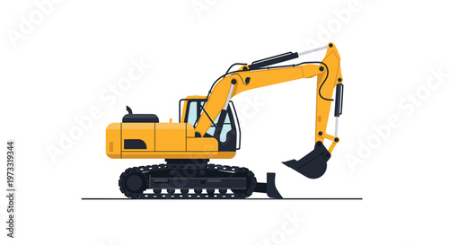 A powerful yellow hydraulic excavator stands ready for heavy construction work featuring a detailed mechanical arm and sturdy black tracks on a white backdrop.