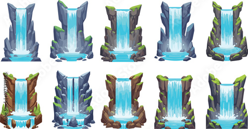 Isometric Vector Set of Scenic Waterfalls with Different Rock Formations, Pools, and Cascading Water Effects for Nature, Landscape, and Environmental Illustrations
