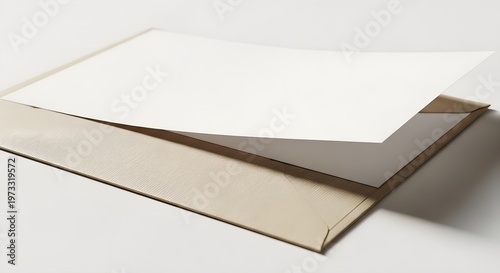 Blank white greeting card or invitation mockup with a beige textured envelope, top view, minimalist stationery design