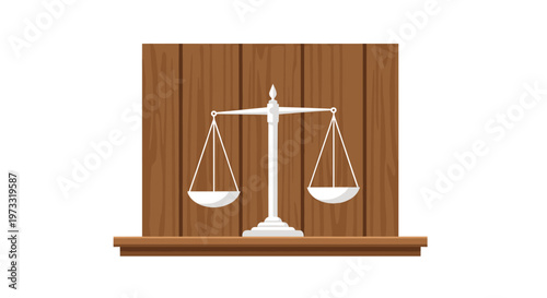 A pristine silver balance scale sits elegantly on a polished wooden shelf positioned against a backdrop of vertical dark brown timber planks in soft light.