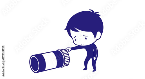 Sad Boy Reaching for Empty Pill Bottle Vector Illustration, Flat Design Graphic Representing Medical Dependency, Mental Health Struggles, and Emotional Distress