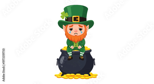Sad Leprechaun Sitting on Pot of Gold Coins Vector Illustration - Emotional Cartoon Character for St. Patrick's Day Holiday Graphics and Financial Concepts on White Background