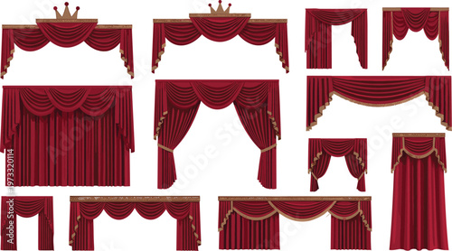 Red Velvet Stage Curtains Set with Decorative Drapes and Crown Designs for Theatrical, Interior, and Event Decoration Illustrations