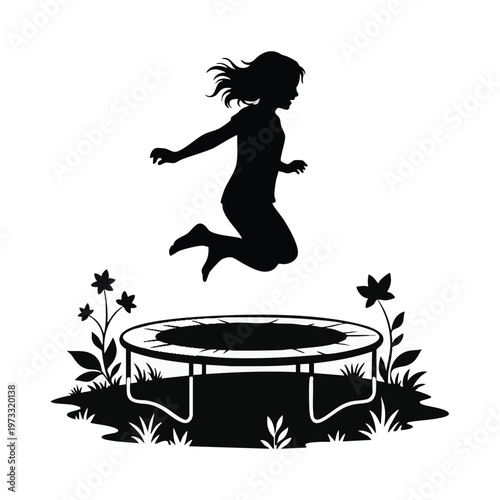 Girl leaping on a trampoline in a garden silhouette. Active childhood and outdoor fun vector illustration. Kid bouncing with flowers isolated on transparent background