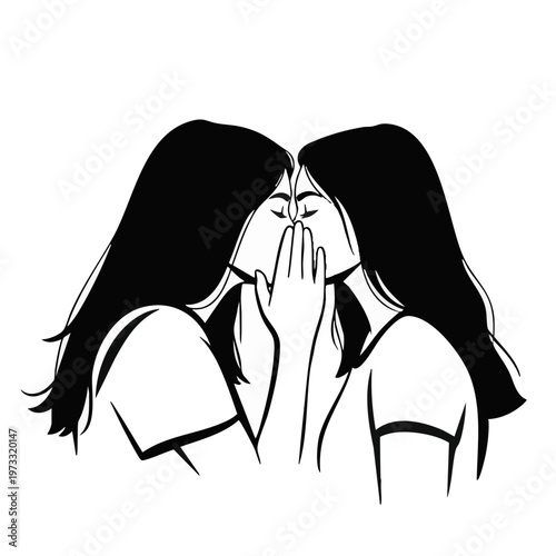 Two girls whispering a secret line art. Female friendship and communication vector illustration. Minimalist gossip concept isolated on transparent background