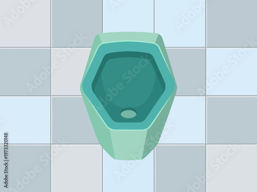 A modern hexagonal urinal is depicted against a tiled wall, showcasing sleek design and innovative functionality perfect for contemporary restroom spaces.