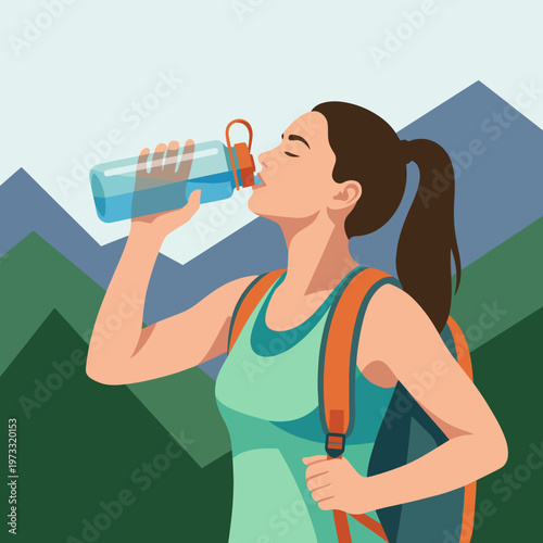 A vibrant image of a woman hydrating while hiking in nature, emphasizing the importance of staying hydrated during outdoor adventures and physical activities for health and vitality.